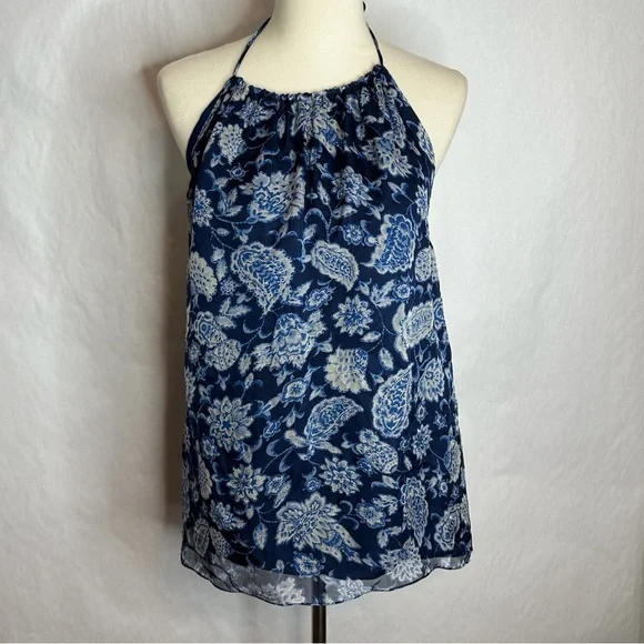 NWT Alice + Olivia Blue White Paisley Floral Silk Halter Y2K Top Blouse Medium - Picture 9 of 16